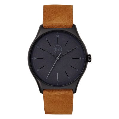 01 - slim made one 06 - thin wrist watch in black with brown leather band - front 01 - slim made one 06 - thin wrist watch in black with brown leather band - front